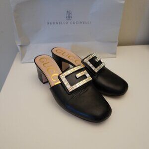 Gucci Madelyn Mules Crystal Logo Black Leather Size 38 8
